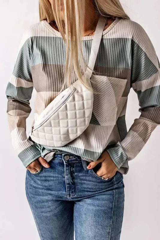 Green Color Block Ribbed Long Sleeve Top with Pocket - Fashionfitz