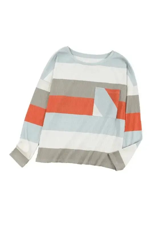 Green Color Block Ribbed Long Sleeve Top with Pocket - Fashionfitz