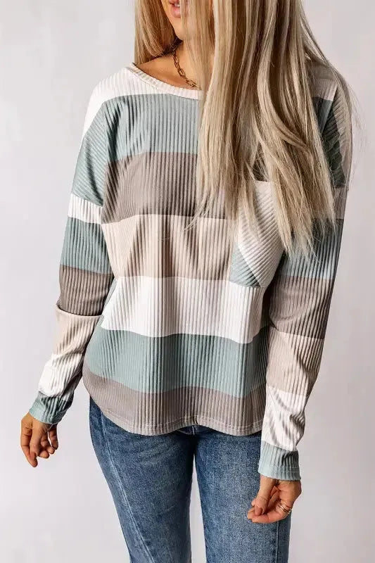 Green Color Block Ribbed Long Sleeve Top with Pocket - Fashionfitz