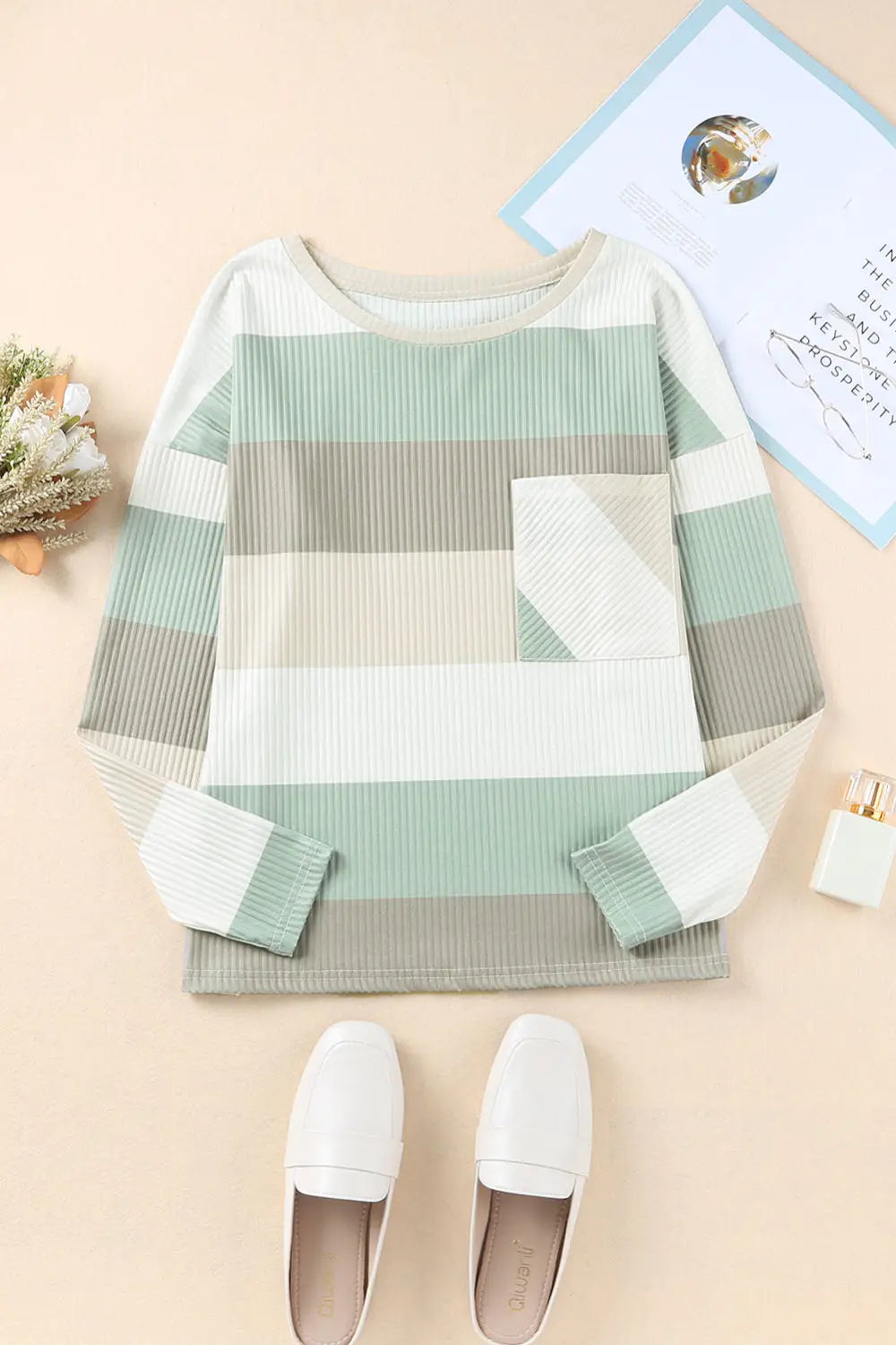 Green color block ribbed long sleeve top with pocket - tops