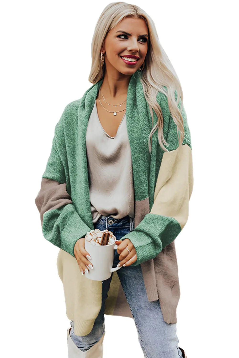 Green colorblock draped open front chunky cardigan - sweater & cardigans