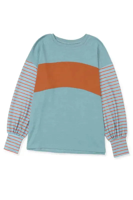 Green Colorblock Bishop Sleeve Top - Striped Casual Chic - Fashionfitz
