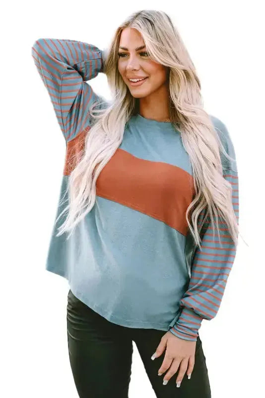 Green Colorblock Bishop Sleeve Top - Striped Casual Chic - Fashionfitz