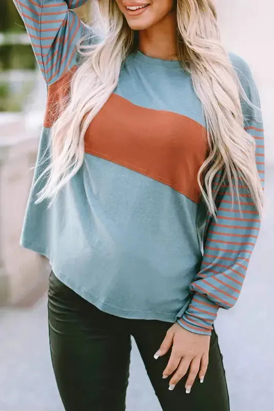 Green Colorblock Bishop Sleeve Top - Striped Casual Chic - Fashionfitz