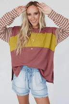 Green Colorblock Bishop Sleeve Top - Striped Casual Chic - Fashionfitz