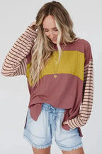 Green Colorblock Bishop Sleeve Top - Striped Casual Chic - Fashionfitz