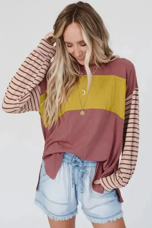 Green Colorblock Bishop Sleeve Top - Striped Casual Chic - Fashionfitz