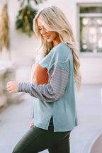 Green Colorblock Bishop Sleeve Top - Striped Casual Chic - Fashionfitz