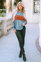 Green Colorblock Bishop Sleeve Top - Striped Casual Chic - Fashionfitz