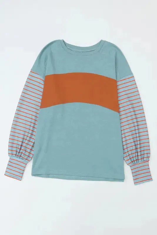 Green Colorblock Bishop Sleeve Top - Striped Casual Chic - Fashionfitz