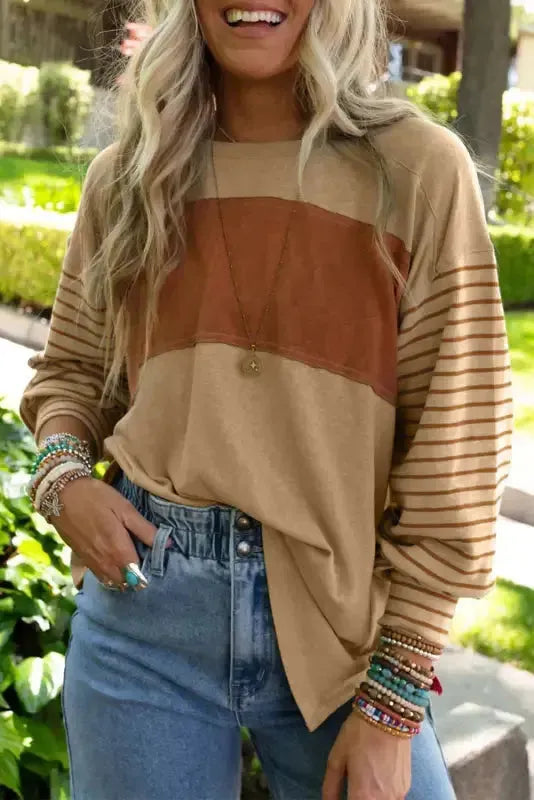 Green Colorblock Bishop Sleeve Top - Striped Casual Chic - Fashionfitz