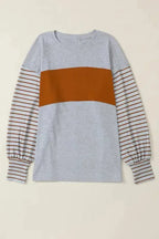 Green Colorblock Bishop Sleeve Top - Striped Casual Chic - Fashionfitz