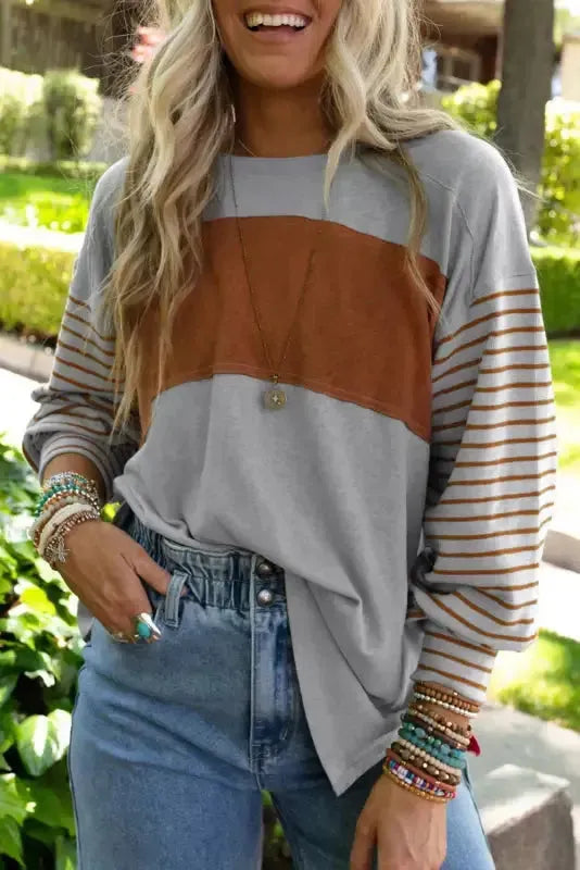 Green Colorblock Bishop Sleeve Top - Striped Casual Chic - Fashionfitz