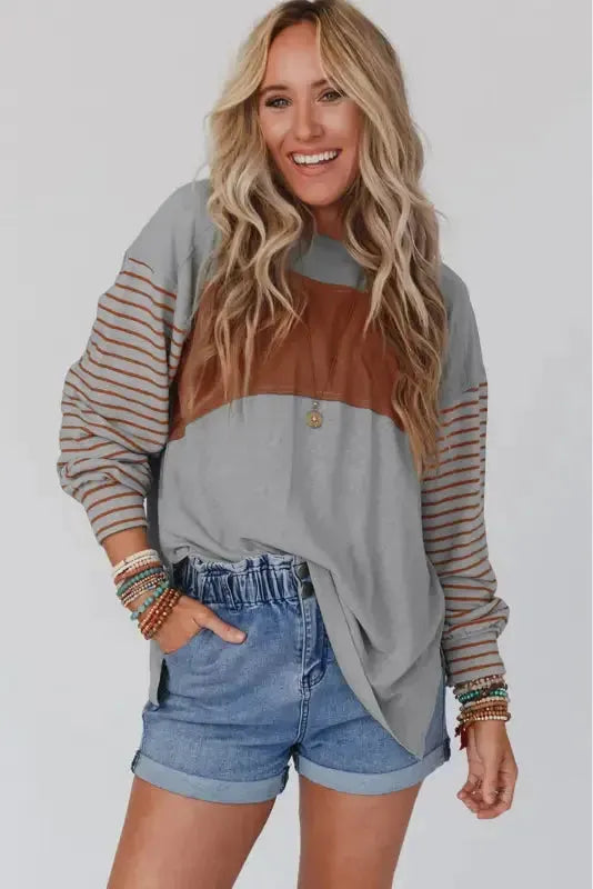 Green Colorblock Bishop Sleeve Top - Striped Casual Chic - Fashionfitz