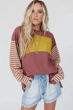Green Colorblock Bishop Sleeve Top - Striped Casual Chic - Fashionfitz