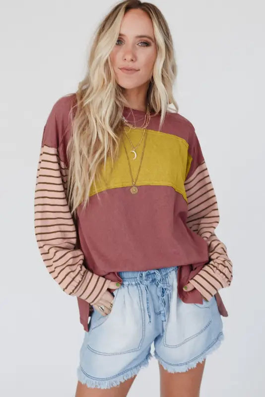 Green colorblock striped bishop sleeve top - long