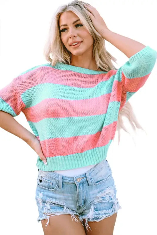 Green contrast striped drop shoulder loose sweater - sweaters & cardigans