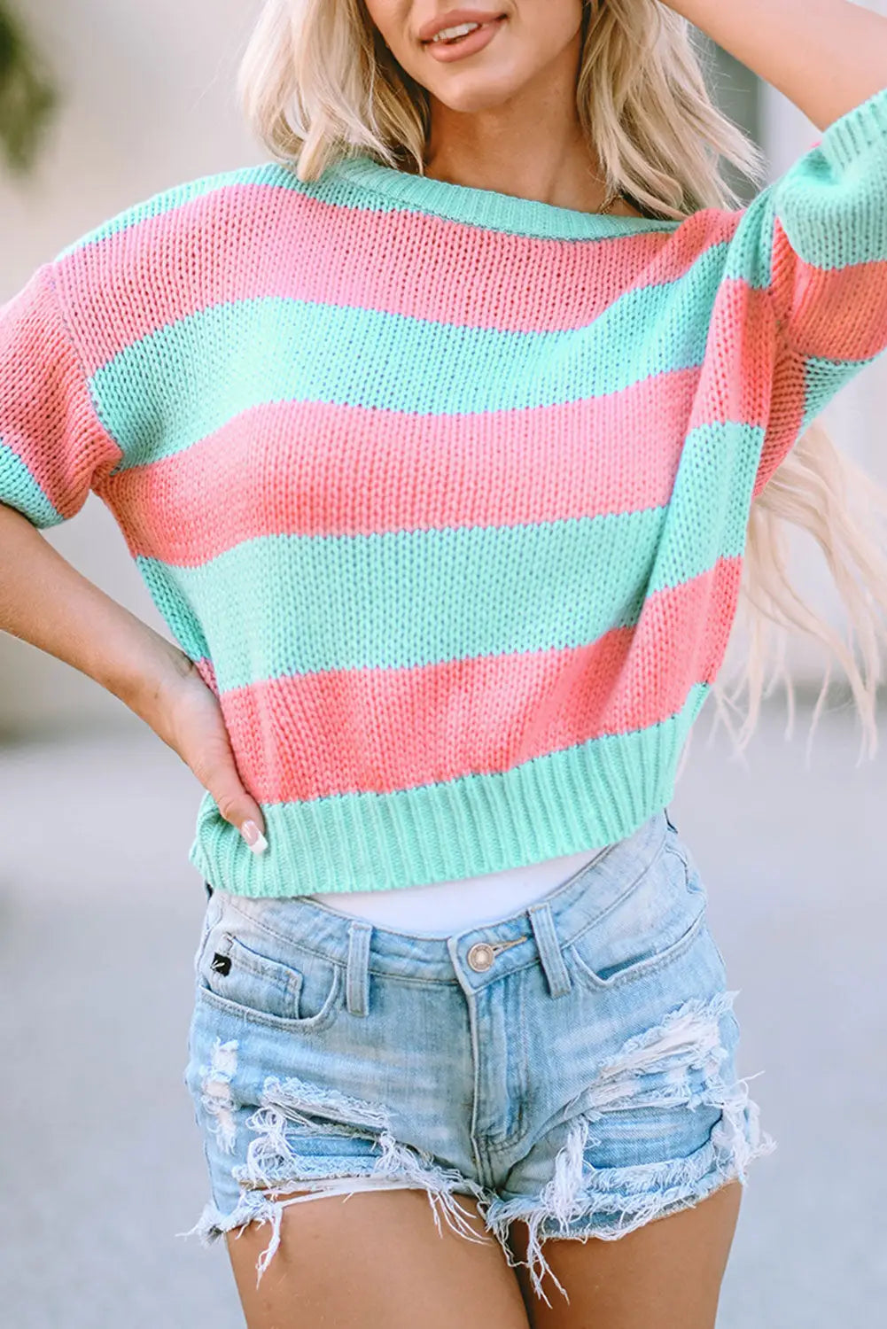 Green contrast striped drop shoulder loose sweater - sweaters & cardigans
