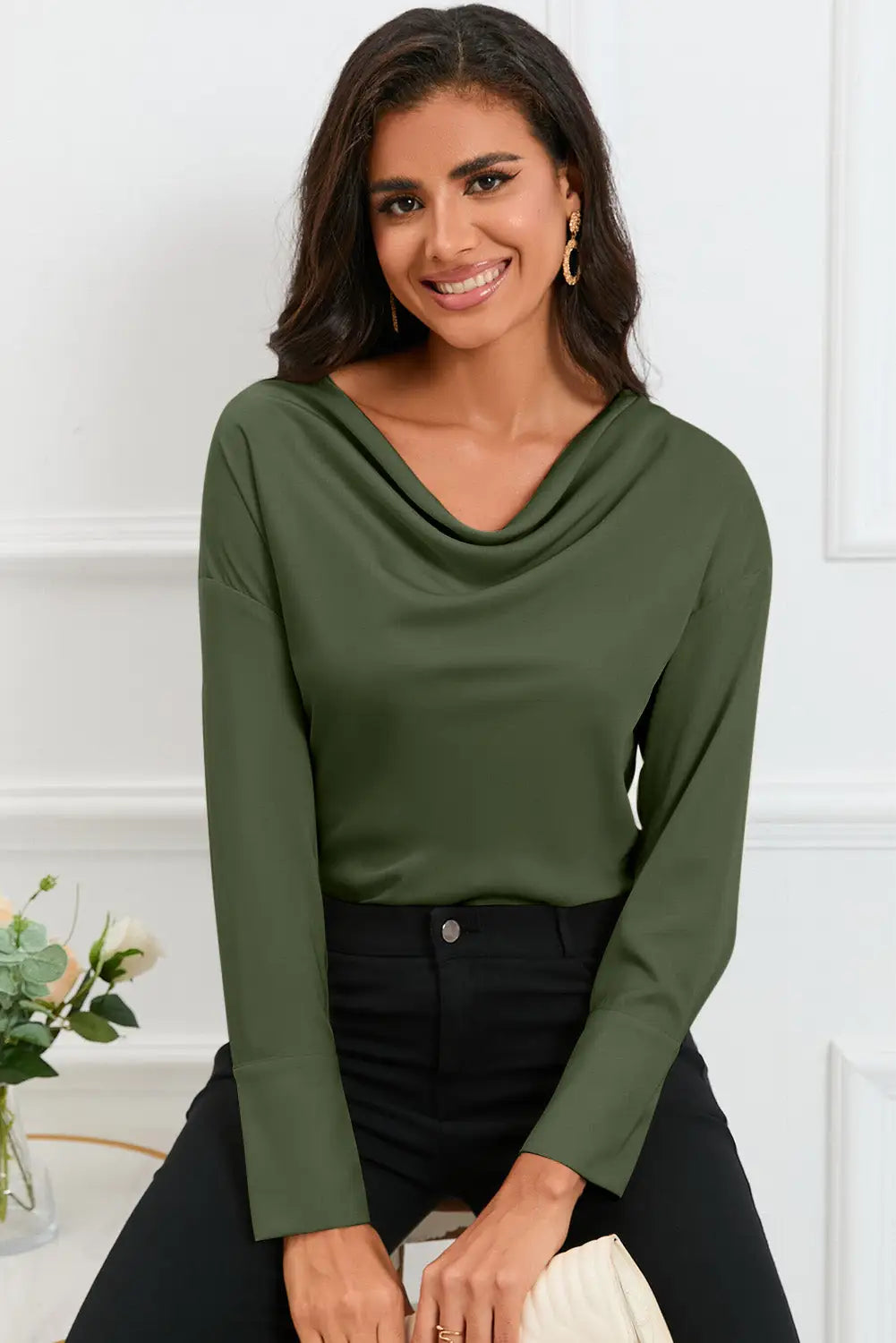 Green cowl neck long sleeve elegant blouse - s / 90% polyester + 10% elastane - blouses & shirts