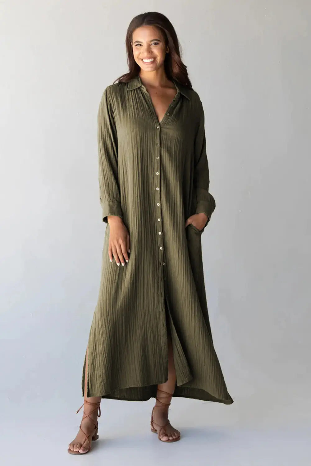 Green crinkle button up casual split shirt maxi dress - dresses