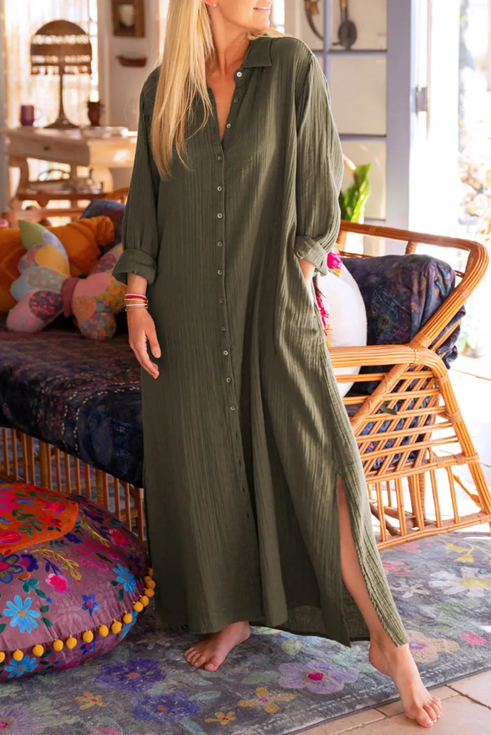 Green crinkle button up casual split shirt maxi dress - s / 100% cotton - dresses