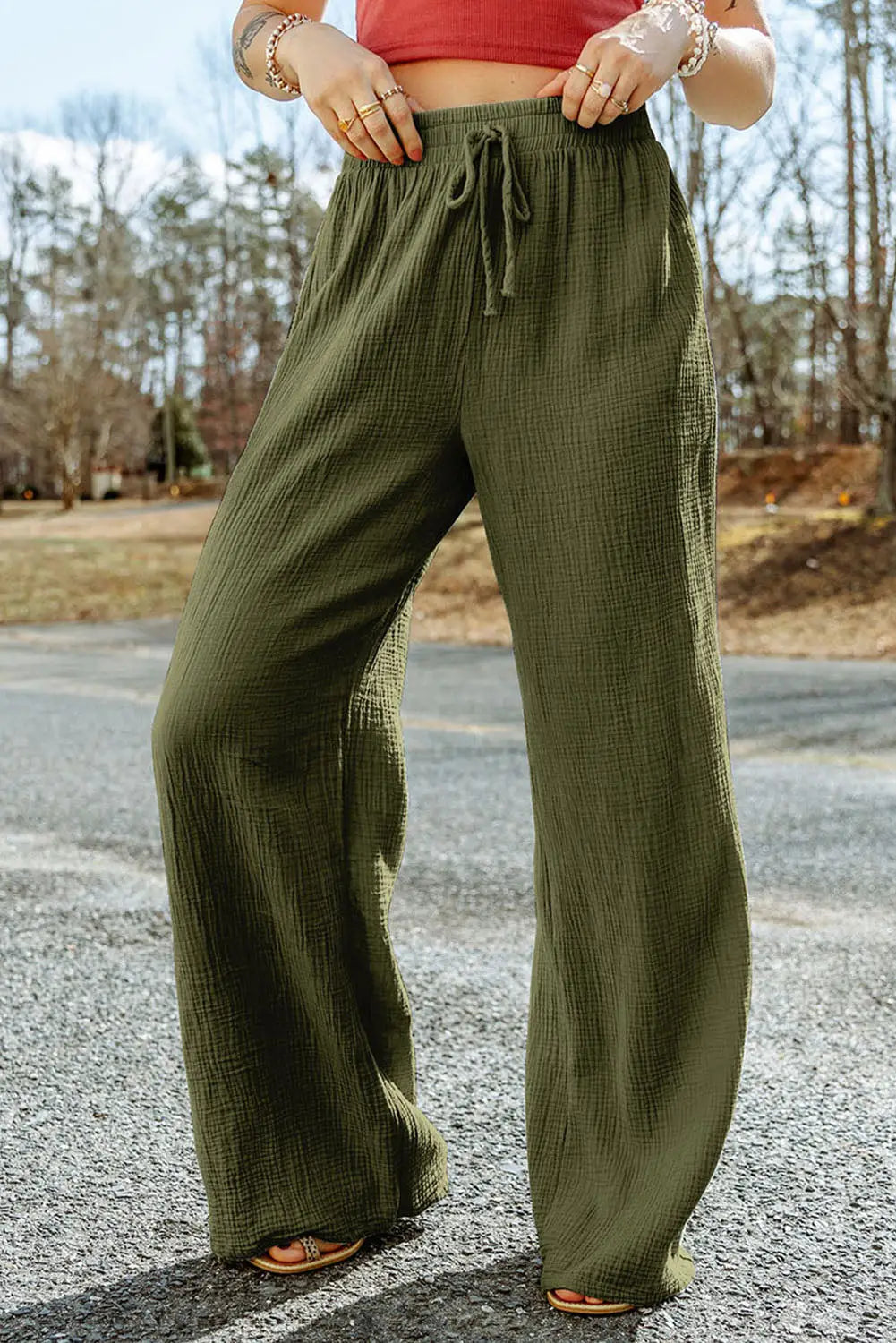 Green crinkle textured wide leg pants - s / 100% cotton