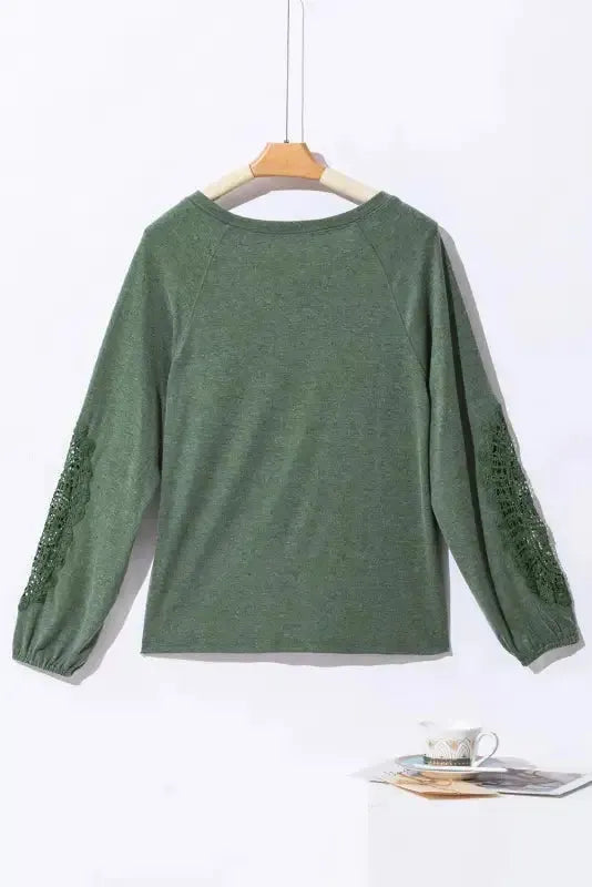 Green Crochet Lace Patch Raglan Sleeve Top - Fashionfitz