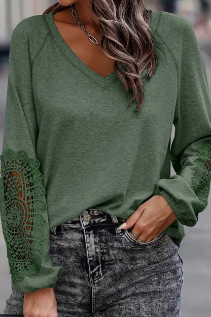 Long sleeve tops green crochet lace patch raglan top