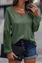 Green Crochet Lace Patch Raglan Sleeve Top - Fashionfitz
