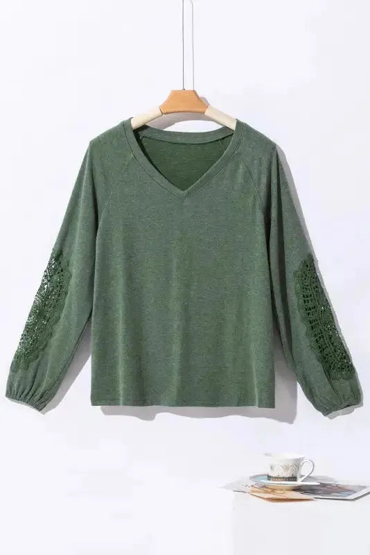 Green Crochet Lace Patch Raglan Sleeve Top - Fashionfitz