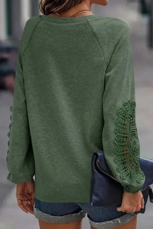 Green Crochet Lace Patch Raglan Sleeve Top - Fashionfitz