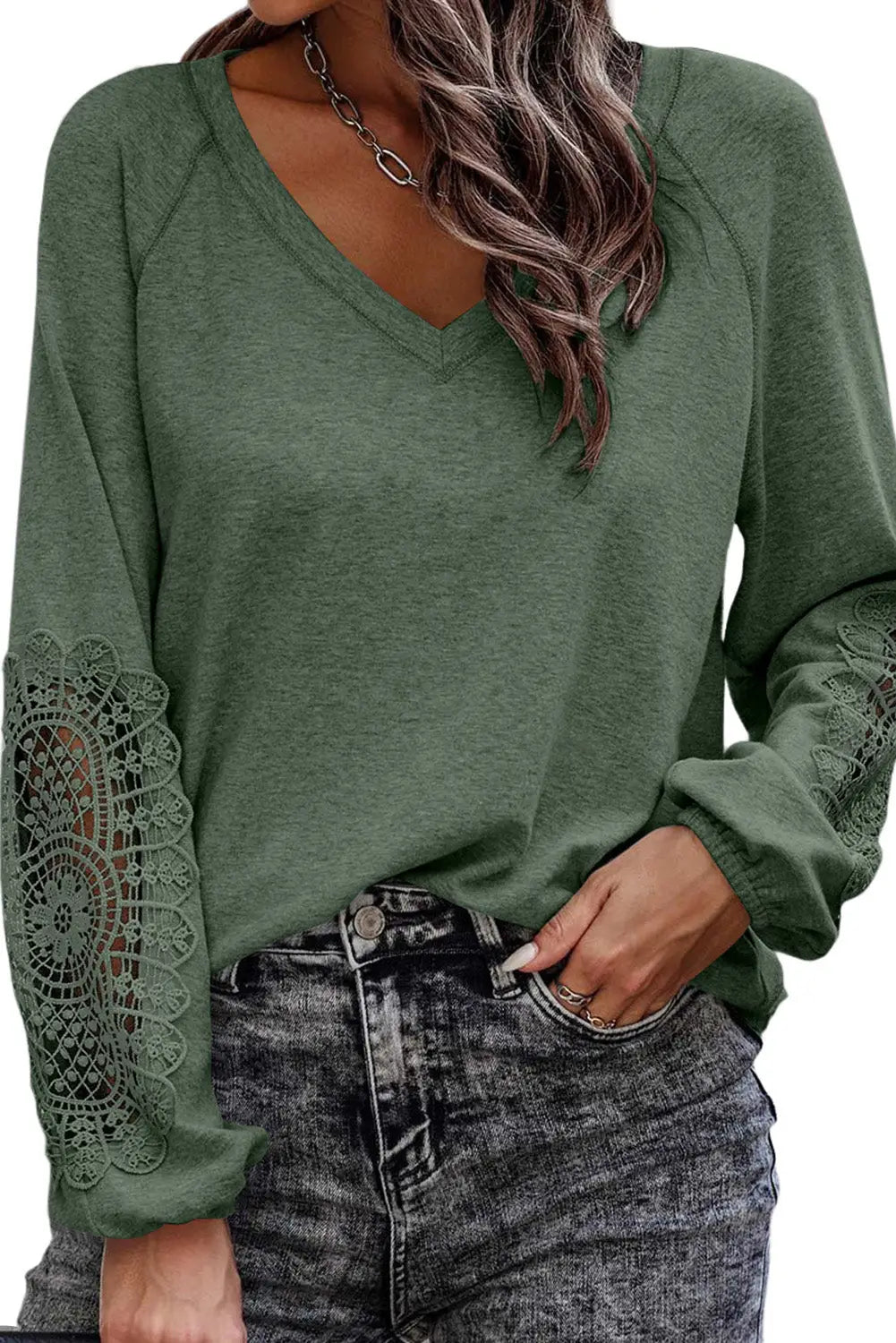 Green crochet lace patch raglan sleeve top - long tops