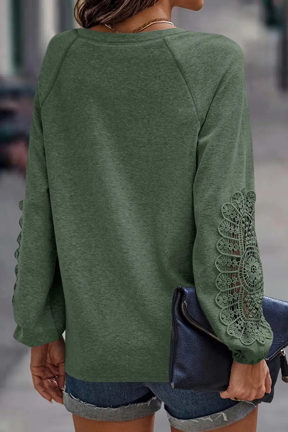 Green crochet lace patch raglan sleeve top - long tops