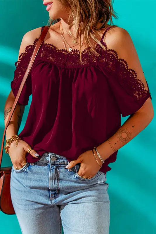 Green crochet neckline off-shoulder short sleeve top - t-shirts