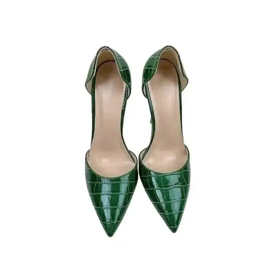 Top view of croc-effect green stilettos showcasing pointed toe and sleek silhouette, perfect for formal events and stylish evenings.