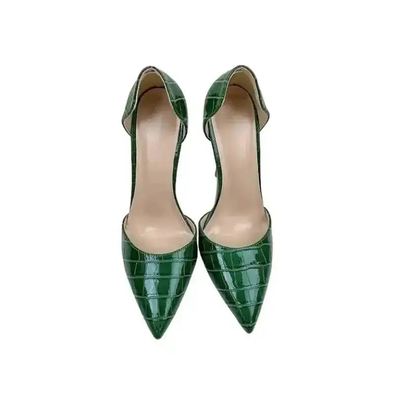 Top view of croc-effect green stilettos showcasing pointed toe and sleek silhouette, perfect for formal events and stylish evenings.