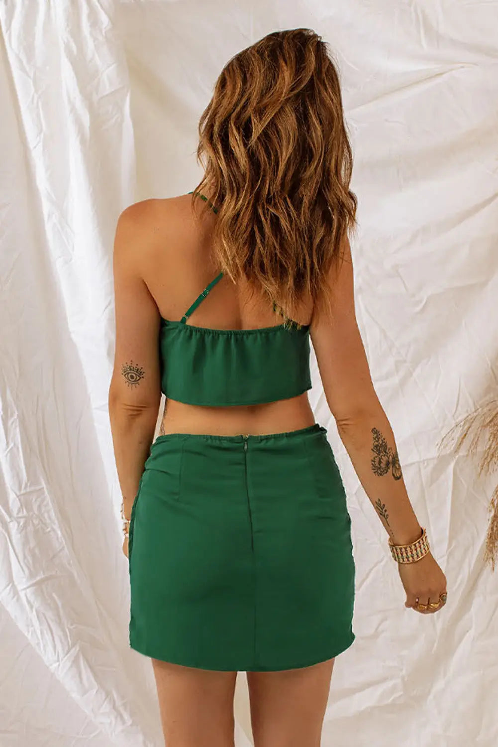 Green drape crop top and wrap skirt set - two piece skirts