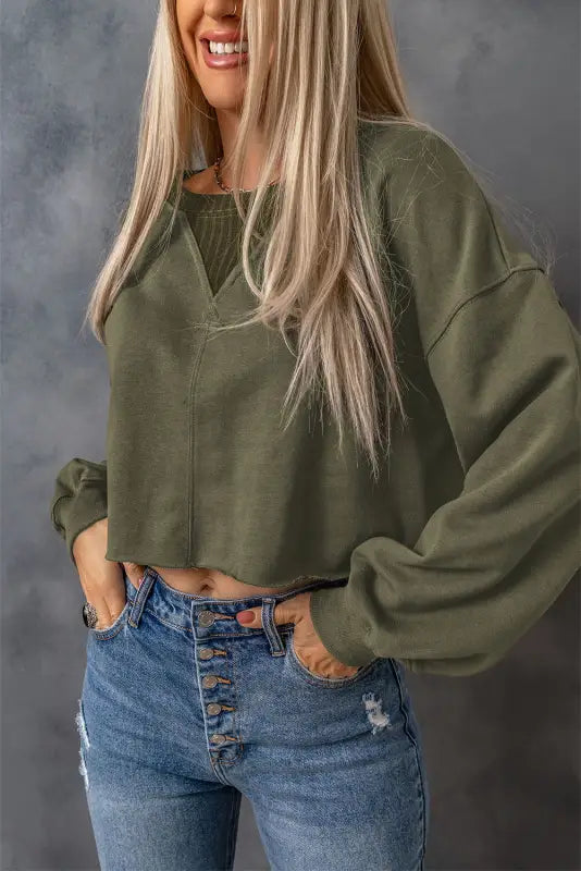 Green drop shoulder cropped sweatshirt - sweatshirts