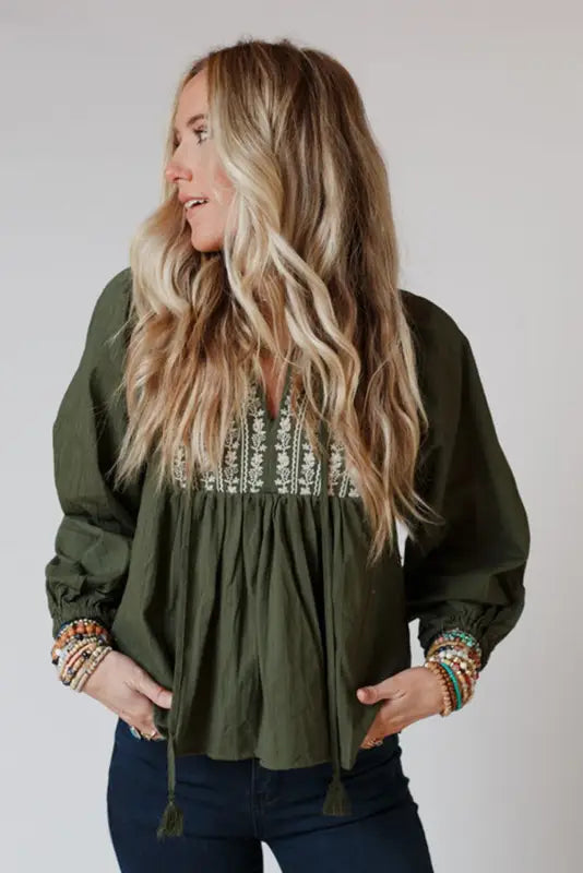 Green embroidered split neck pleated loose blouse - tops