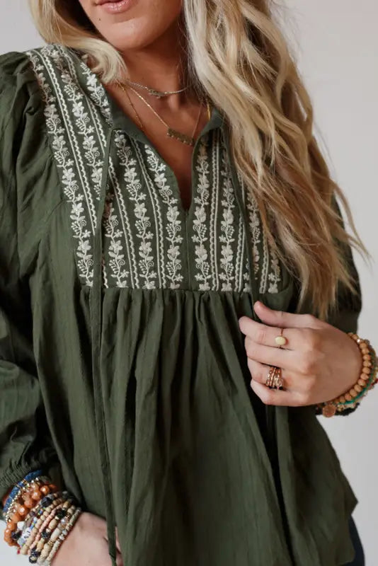 Green embroidered split neck pleated loose blouse - tops