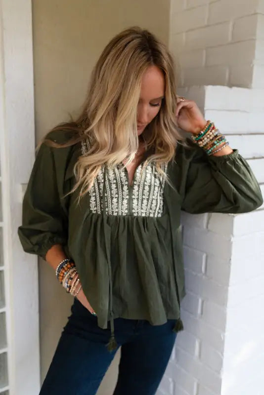 Green embroidered split neck pleated loose blouse - tops