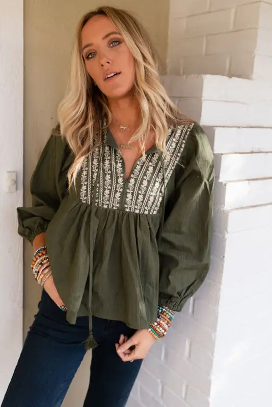 Green embroidered split neck pleated loose blouse - tops