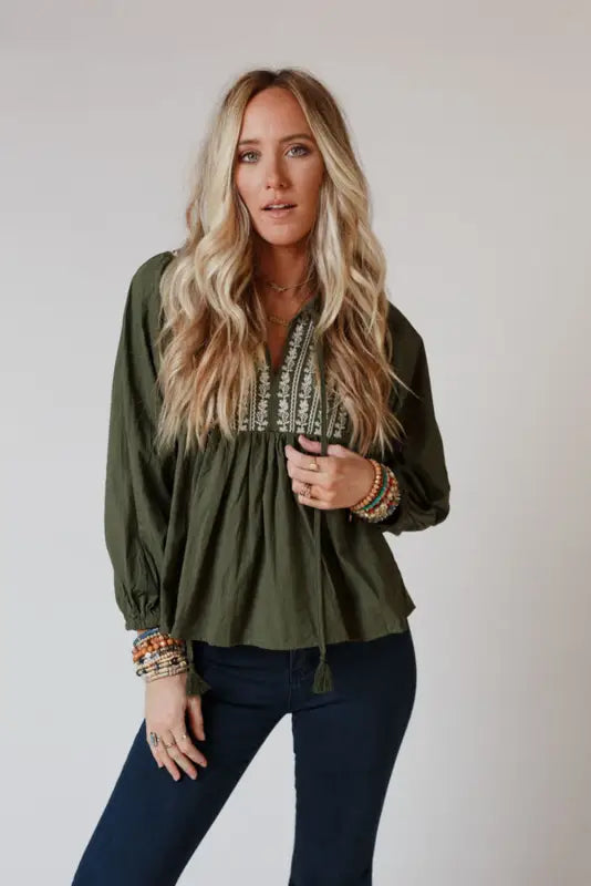 Green embroidered split neck pleated loose blouse - tops