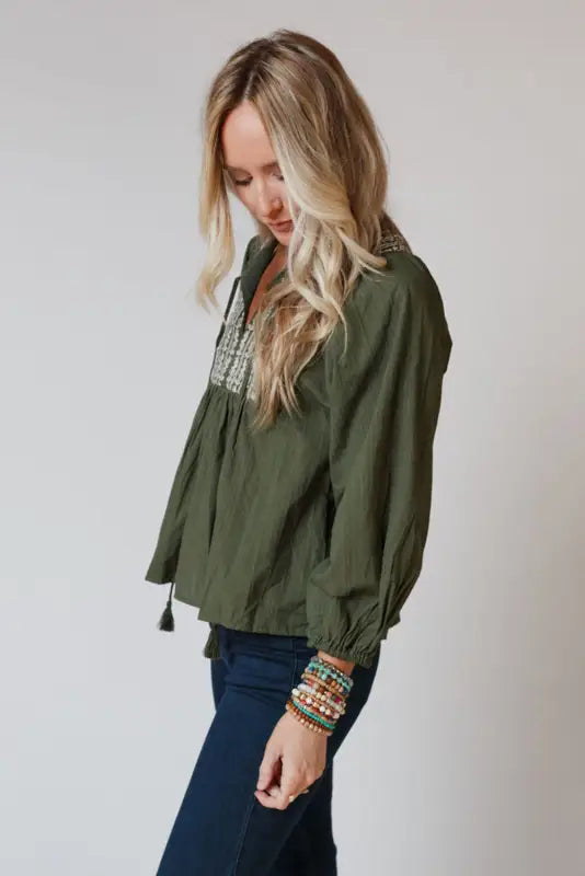 Green embroidered split neck pleated loose blouse - tops