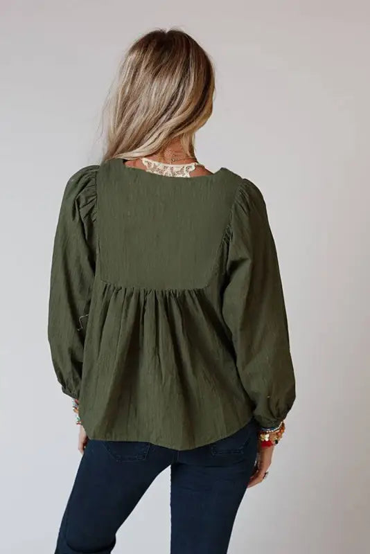 Green embroidered split neck pleated loose blouse - tops