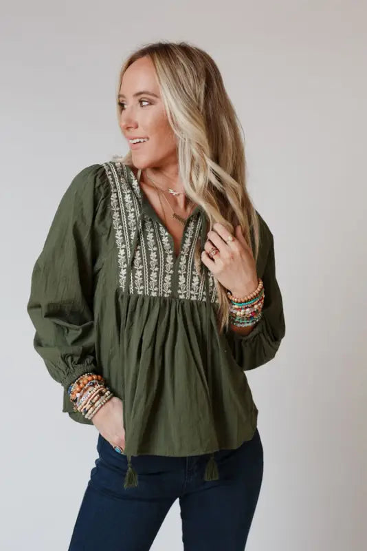 Green embroidered split neck pleated loose blouse - tops