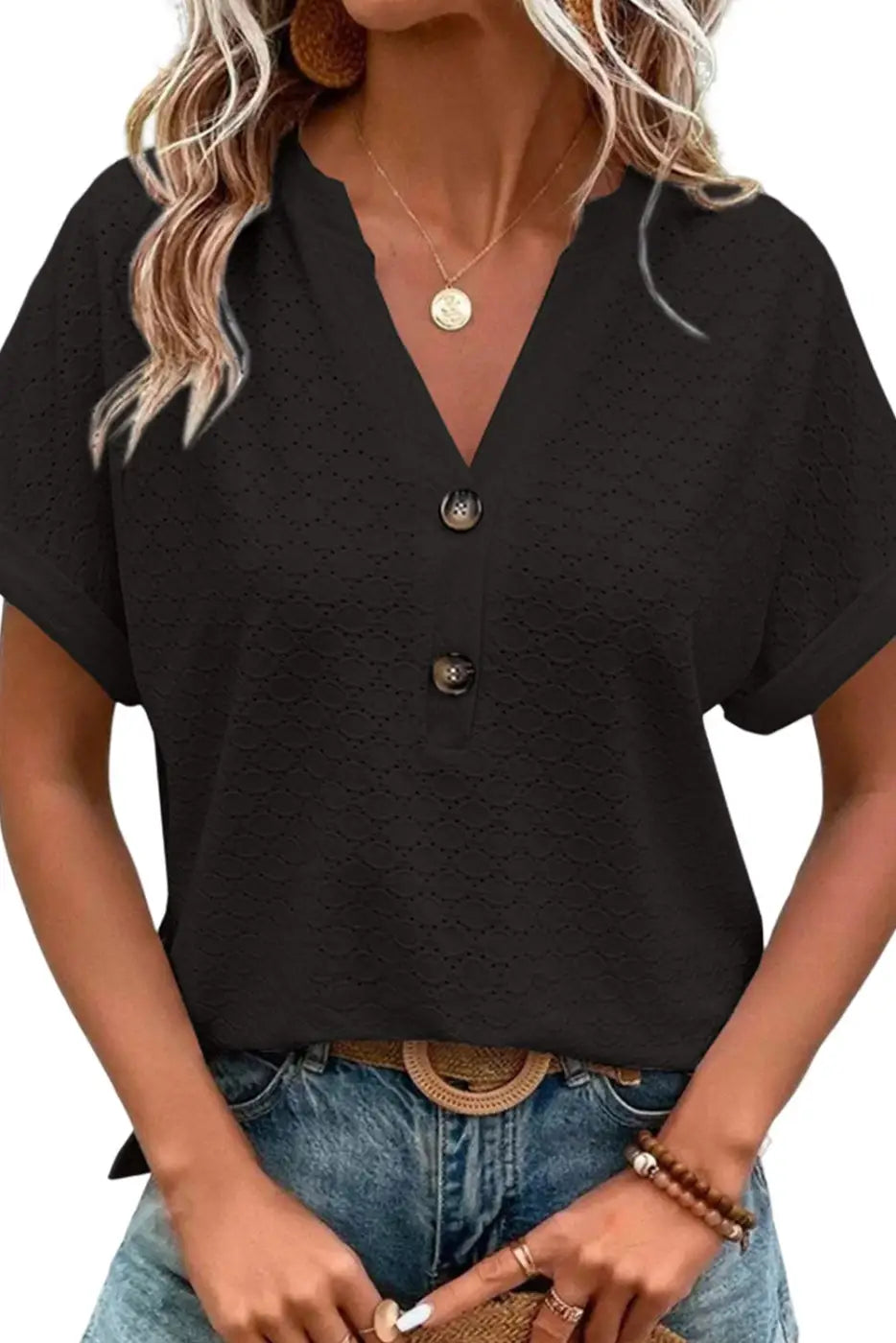 Green eyelet button-accent notch neck top - t-shirts