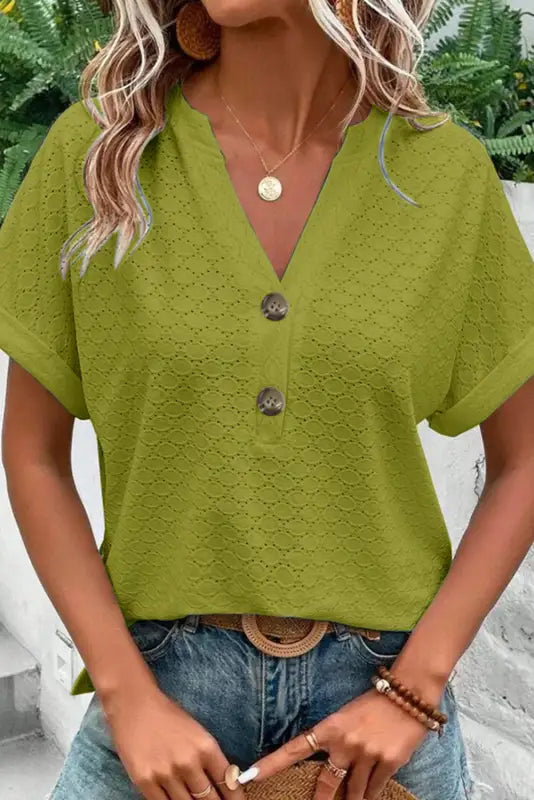 Green eyelet button-accent notch neck top - t-shirts