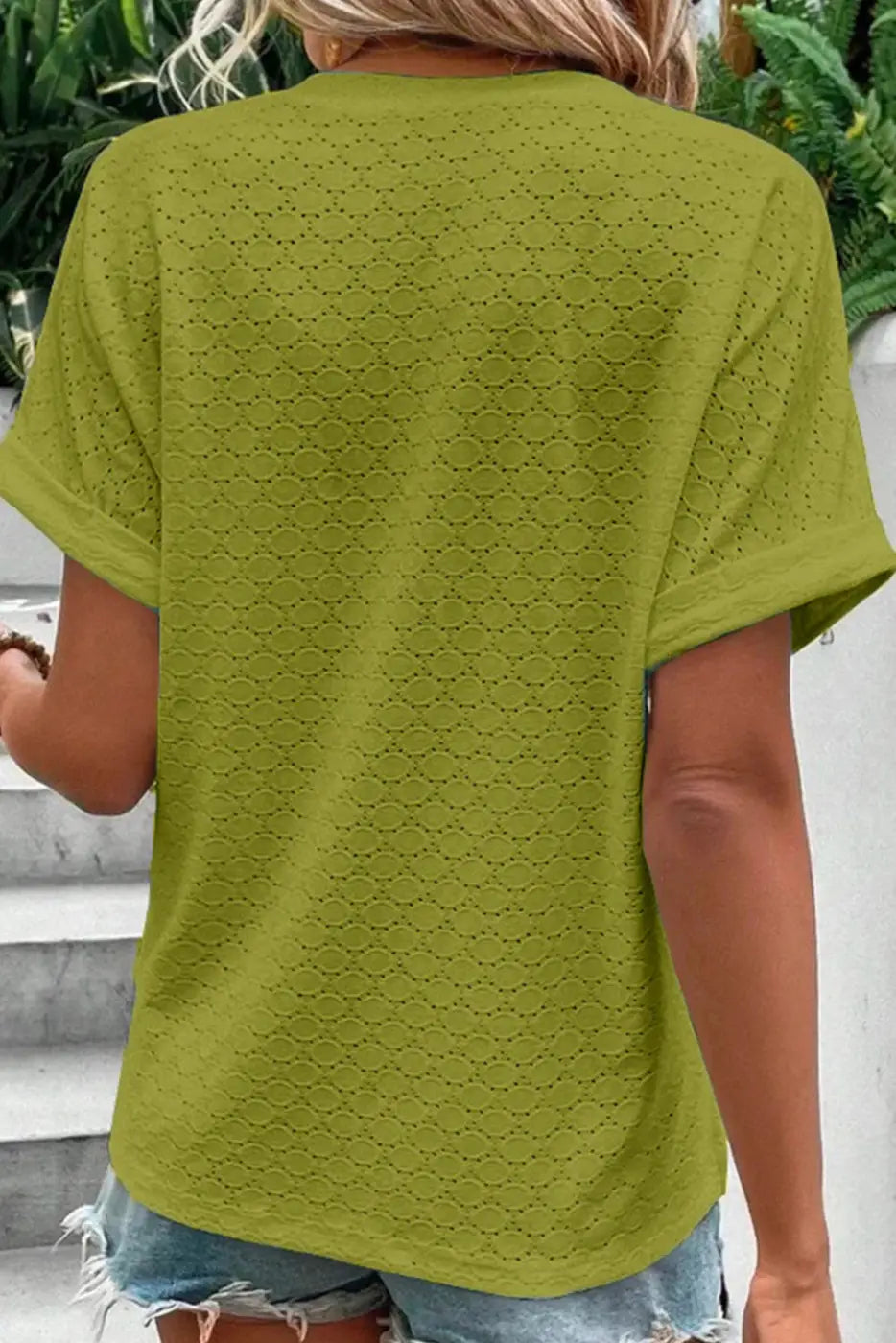 Green eyelet button-accent notch neck top - t-shirts