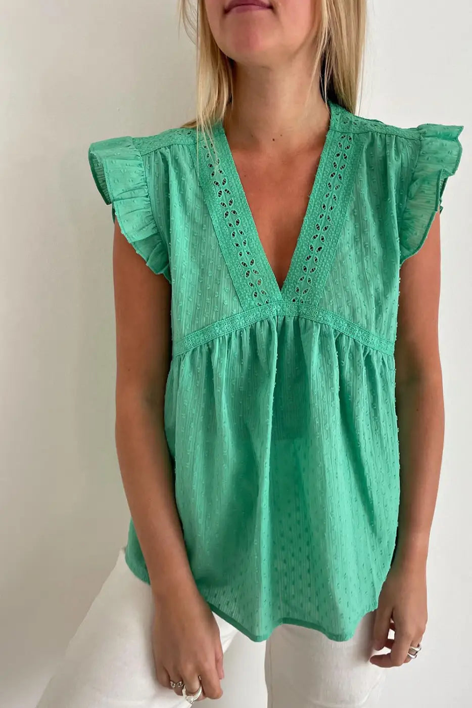 Green eyelet v neckline ruffle swiss dot top - t-shirts